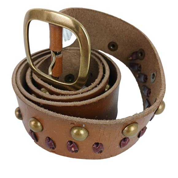 Target Women's SZ XL Genuine Leather Belt Brown Brushed Brass Hardware Studs - Picture 1 of 7
